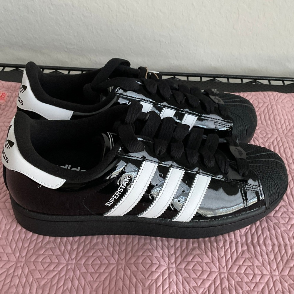Adidas Superstar II J Black White Patent Leather Shell Toe Sneakers JR9882 Sz 7